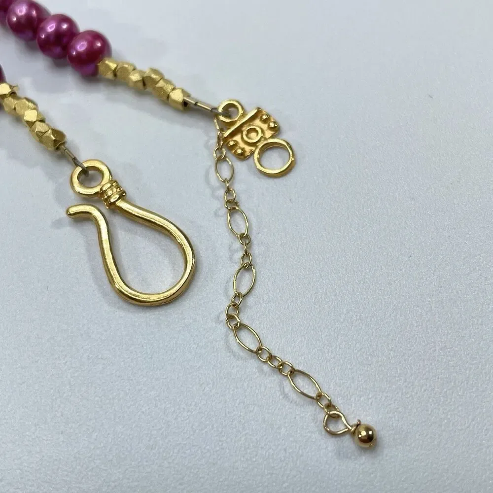 Pink Freshwater Pearl Beaded Gold Tone Necklace Boho Hook Closure Statement